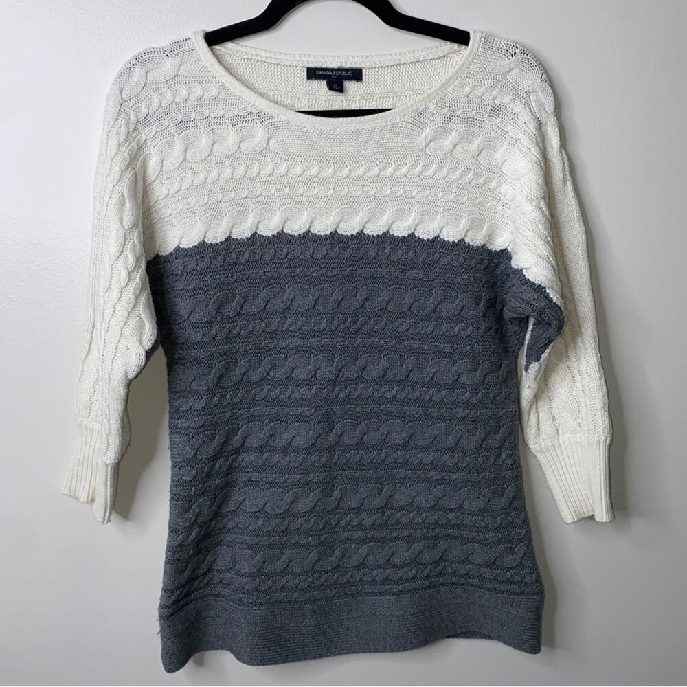 Banana Republic Angora Blend Classic Cable Knit Colorblock Gray White Sweater XS